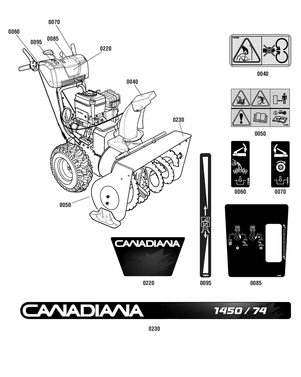 Decals Group Diagram and Parts List for 1696055-CM741450H 2011 Briggs and Stratton Snow Blower